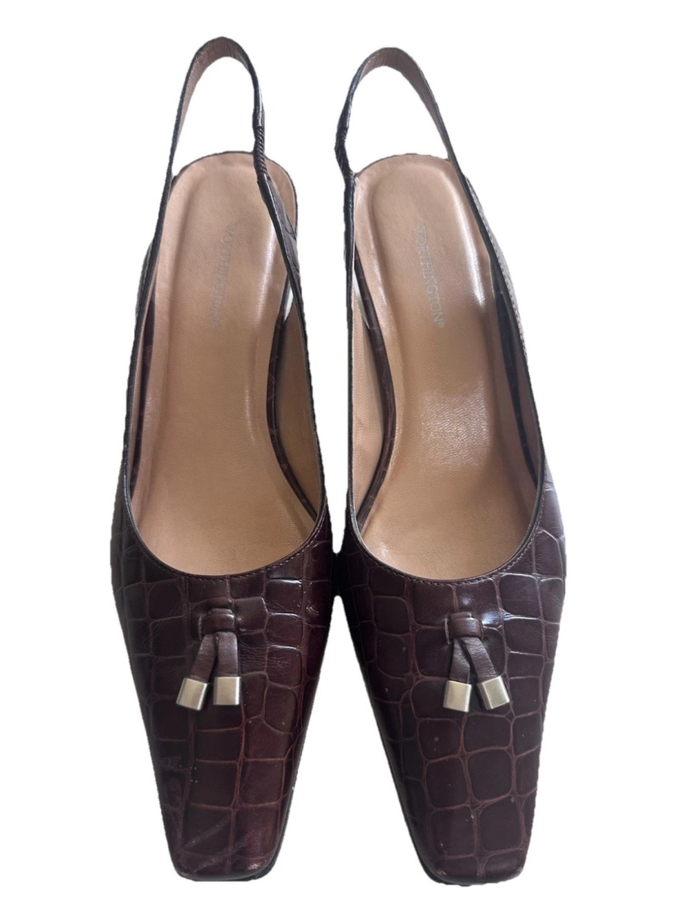 Worthington Dark Brown square toe Croc-Embossed Slingback Pumps with Tassels